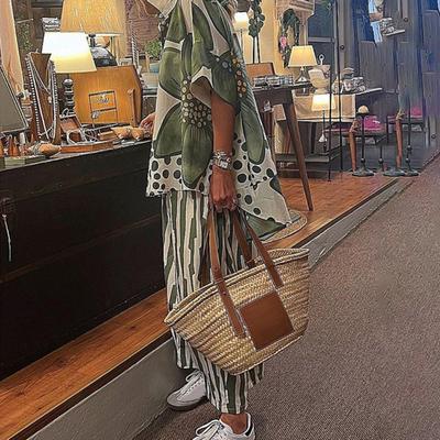 Женский свободный комплект из двух частей с цветочным принтом, топ с коротким рукавом и лацканами, широкий