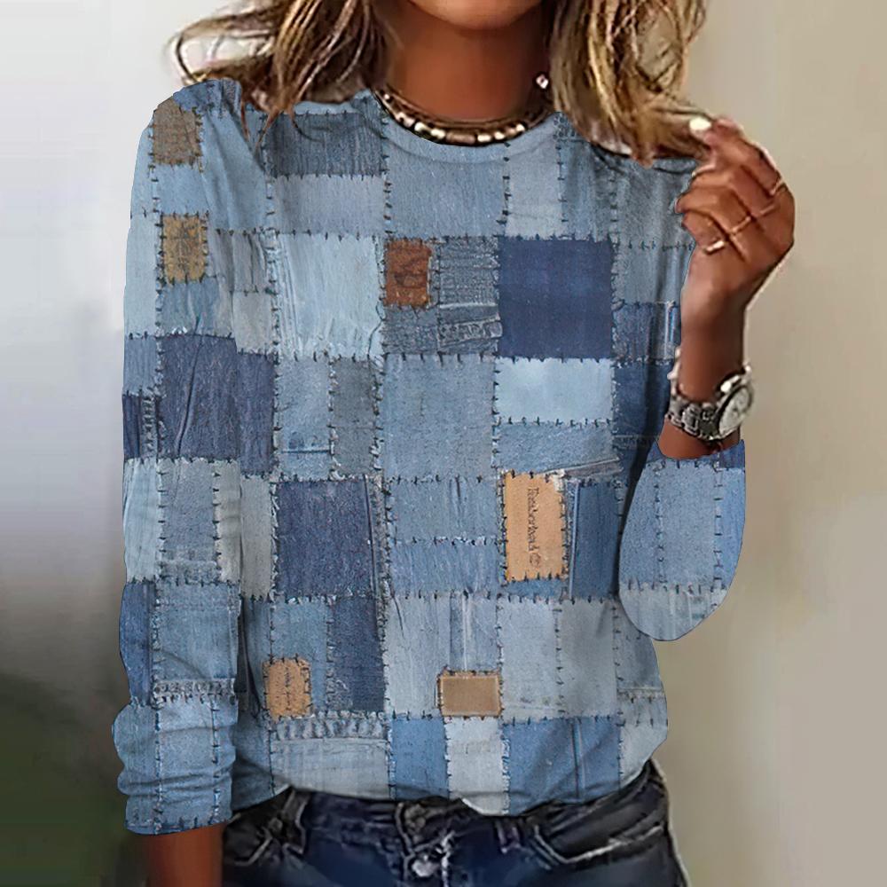 Футболки с длинными рукавами и принтом Fake Cowboys Splicing Print 2024 года, модные женские футболки, топы, осенний тренд, хлопковая женская одежда, пуловер