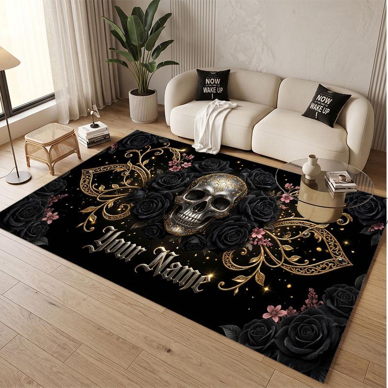 Skull Gothic Theme Soft Crystal Velvet Rug Custom Name & Text Print Non Slip Floor Rug for Bedroom Living Room