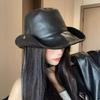 Big Brimmed Western Cowboy Cap PU Leather Sun Protection Hat Casual Fisherman Hat  Travel