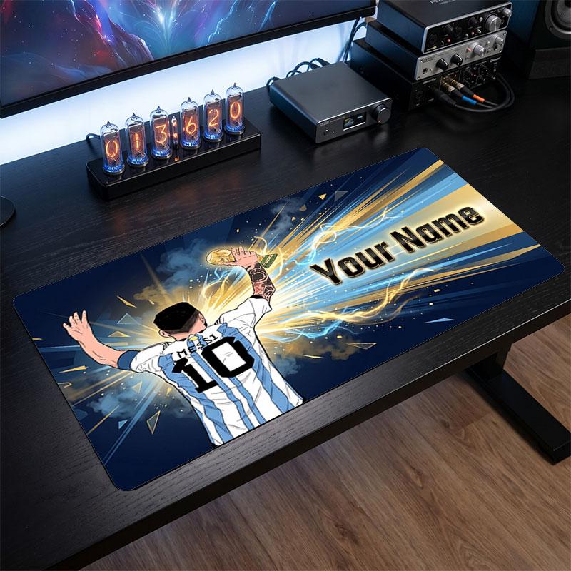 Lionel Messi Custom Large Mouse Pad, Personalized Name Text Print, Football Logo Non‑Slip Desk Mat Gaming Gift