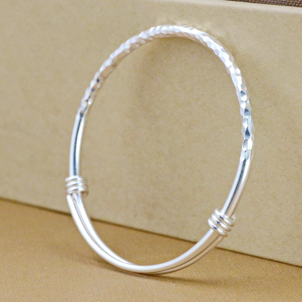 Thailand Chiang Mai Full Silver 9999 Diamond Face Push-pull Bracelet Women's Pure Silver Art Ancient Method Handmade Hammer Face Plain Silver Bracelet