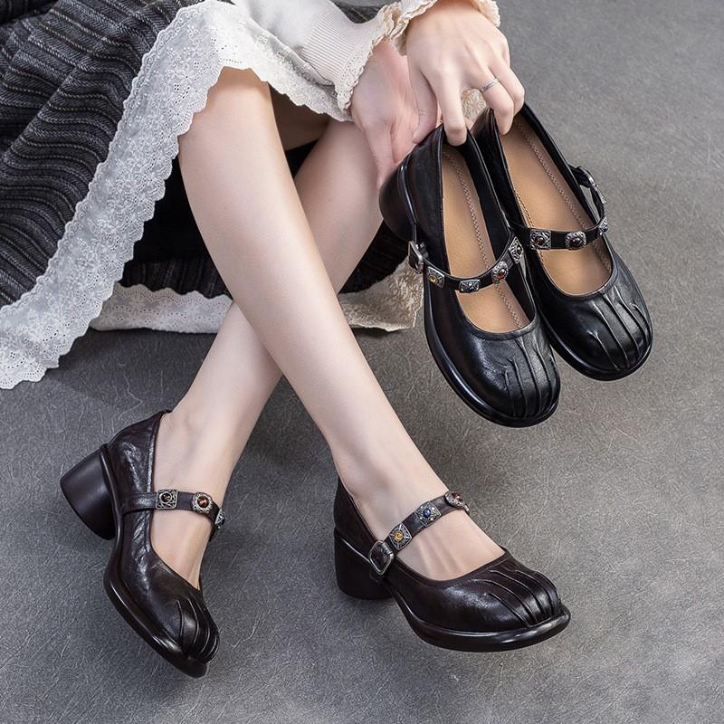 Fashion GKTINOO 2025 Spring New Lolita Genuine Leather Shoes Sweet Round Toe Thick Heel Wrinkled Women's Shoes