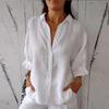 Women's Spring/Autumn Cotton-Linen Blend Design Tie-Front Solid Color Shirt with Loose Collar and Single-Breasted Button-Up Top