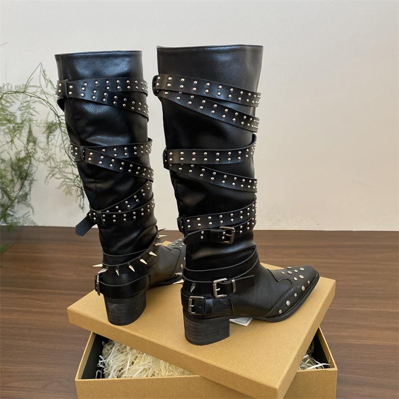 Fashion Designer Women's Boots Autumn Cosy Pointed Toe Woman Shoes Fashion Sexy Knee-High Boots for Women Rivet Belt Buckle Thick Heel