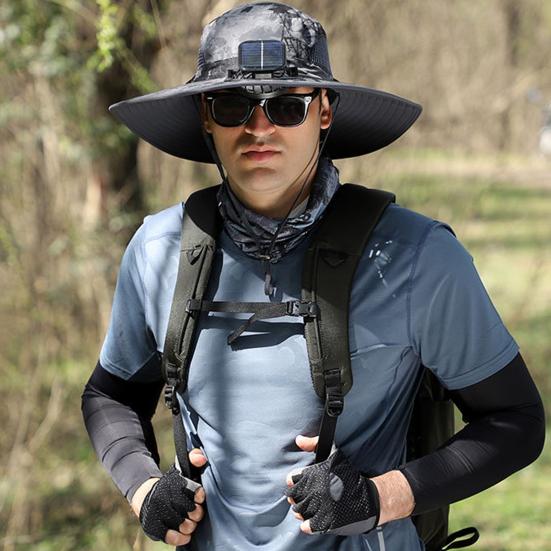 Мужская рыбацкая шляпа с солнечным вентилятором и съемной передней крышкой с большими полями и полой сеткой. Зарядка через USB. Защита от ультрафиолетового излучения и солнечного света. Отличная воздухопроницаемость.