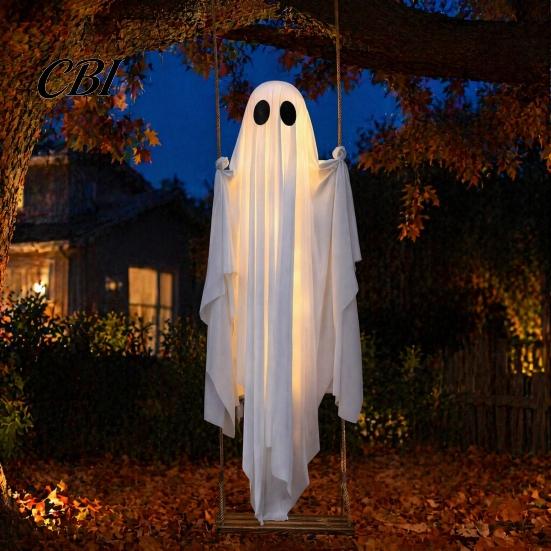 Durable Fabric Ghost for Seasonal Decor Large Hanging Swing Halloween Decoration with Remote Control And String Creative Front Door Light, Outdoor