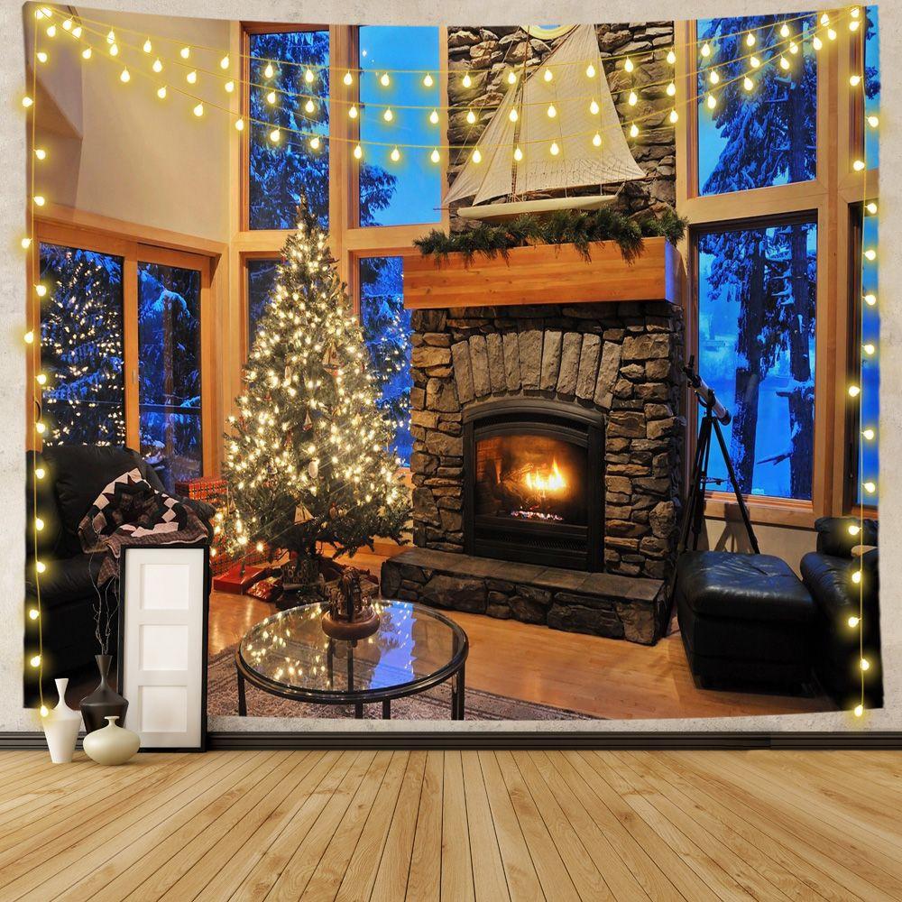 Подарочное украшение с рождественской елкой, камин, гобелен с принтом, украшение для дома, гостиной, спальни, гобелен