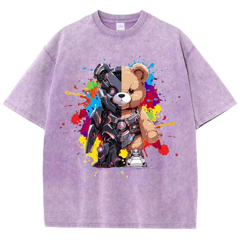 Женские хлопковые выстиранные футболки Модные свободные футболки с круглым вырезом и принтом медведя Меха-воина, с коротким рукавом, женская одежда