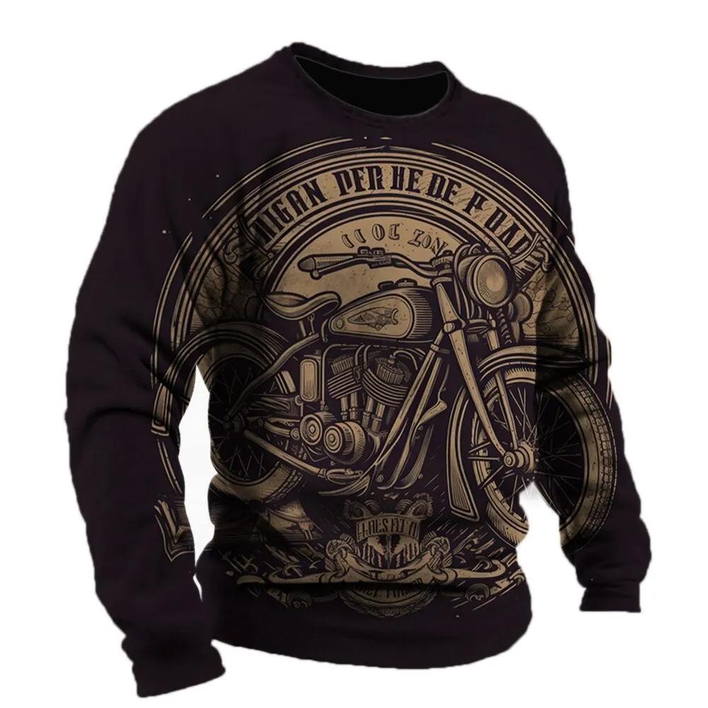 2024 Винтажная мужская футболка с рисунком мотоцикла Футболки с длинным рукавом с 3D-принтом Одежда Графическая уличная одежда больших размеров Мужская одежда