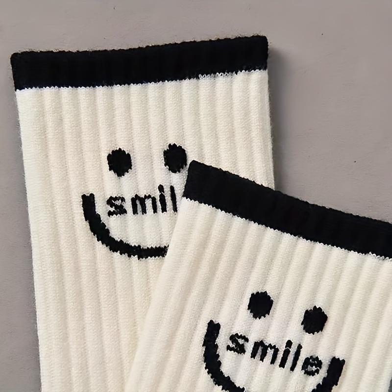 5 Pairs of Women's Black and White Color Cartoon Smiley Face Versatile Casual Long Tube Striped Sports Socks
