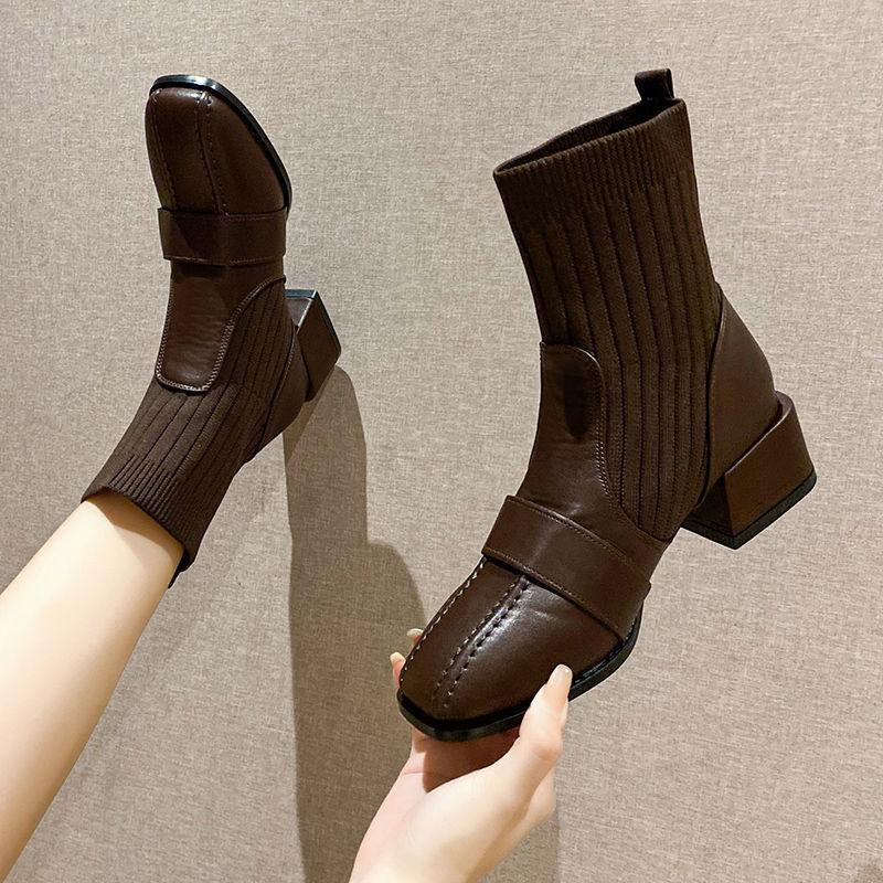 Female Ankle Boots Sock Short Shoes For Women Elastic Booties Brown Footwear Comfortable And Elegant On Offer Korean Style Pu