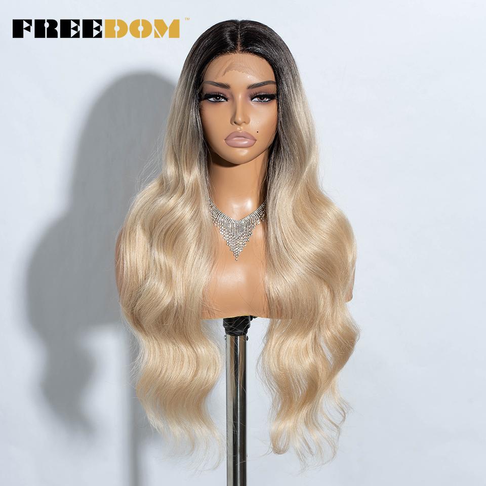 FREEDOM Synthetic Lace Front Wigs For Women Long Wavy 30" Body Wavy Long T Part Lace Wig Ombre Blonde Ginger Blue Cosplay Wig