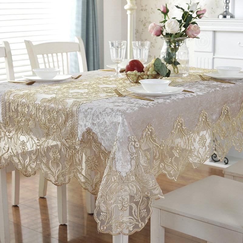 Blue Golden Velvet Rectangle Tablecloth With European Embroidery And Lace Edge Dust Cover For Dining Room Home Decor