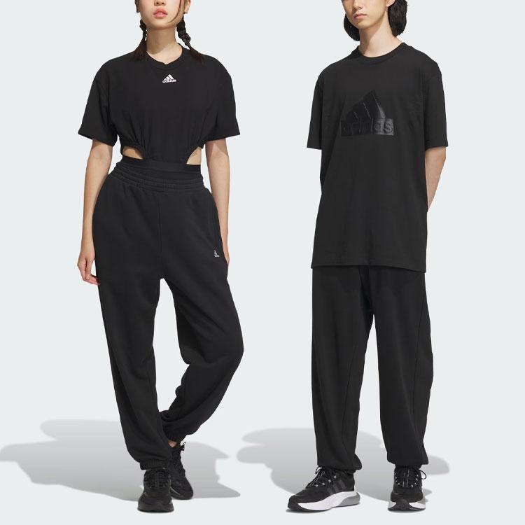 adidas Штаны с логотипом, однотонные, с утолщенными манжетами, свободные трикотажные спортивные брюки унисекс, черные IV7589