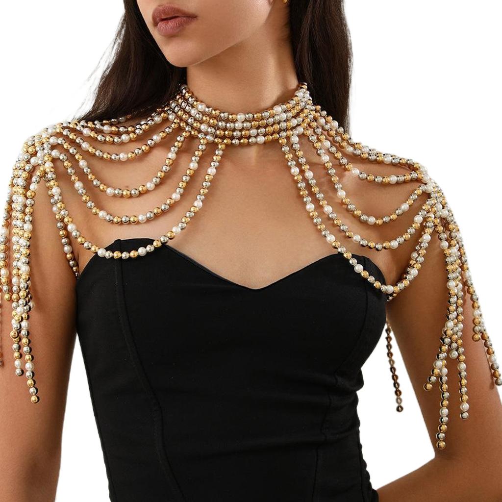 Elegant Pearls Tassels Body Chain Hand Beading Collar Necklace for Lady Pearls Chain Necklace for Party/Club