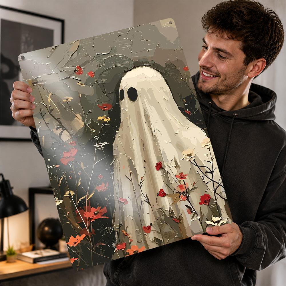 Ghost in a Field of Flowers Poster Retro D Printed Metal Signs Customized Wall Hanging Gift for Modern Home Decoration Luxury