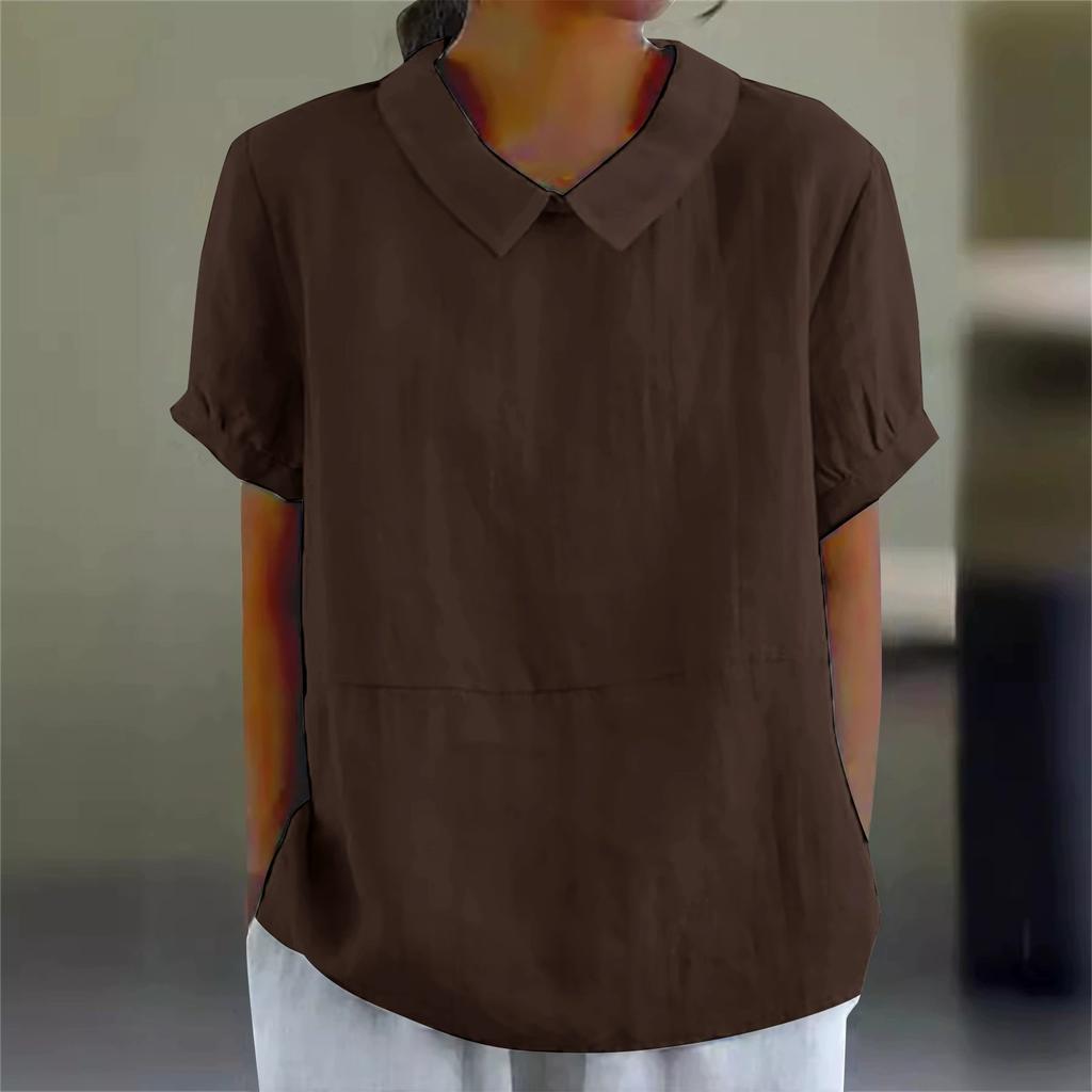 Loose Collar Shirt, Women's Short Sleeved Pure Cotton Top