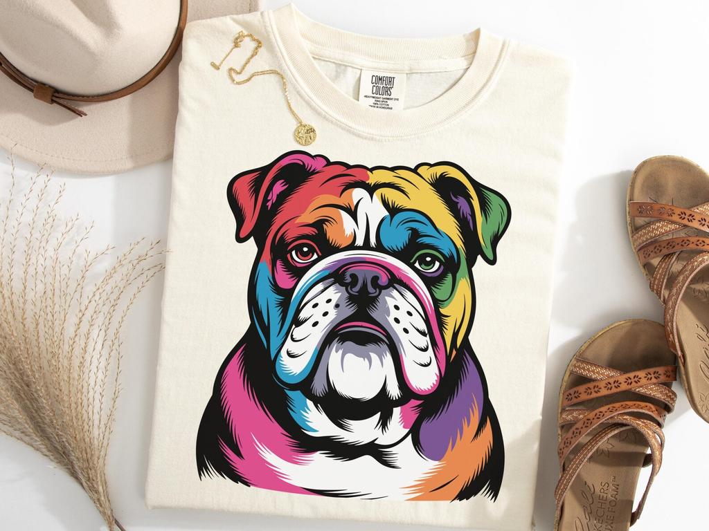 Bulldog Portrait Shirt, Rainbow Bulldog Dog Tee, Colorful Bulldog Graphic T-Shirt, Bold Pup Portrait Shirt, Loyal Dog Lover Gift
