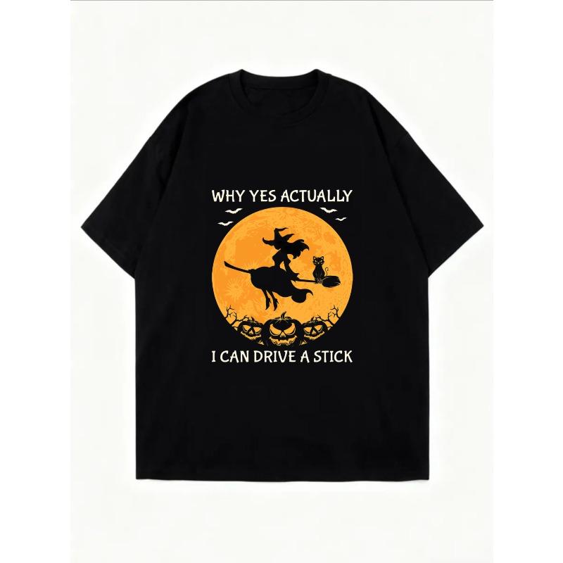 Белая футболка с принтом кошки-ведьмы и луны на Хэллоуин. Почему да, на самом деле я могу водить механику. Графическая футболка для повседневной носки.