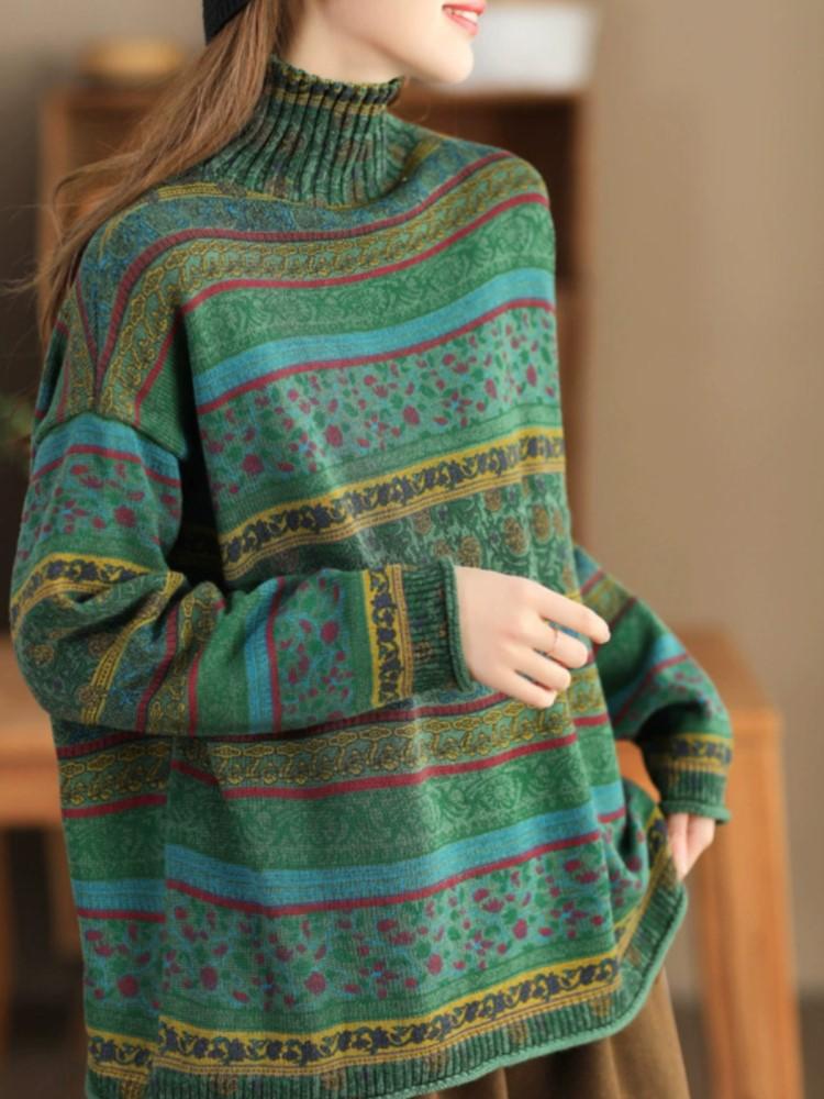 Johnature Women Pullover Vintage Sweaters Mock Neck Long Sleeve Spring Knitted Cotton Women Casual Soft Sweaters