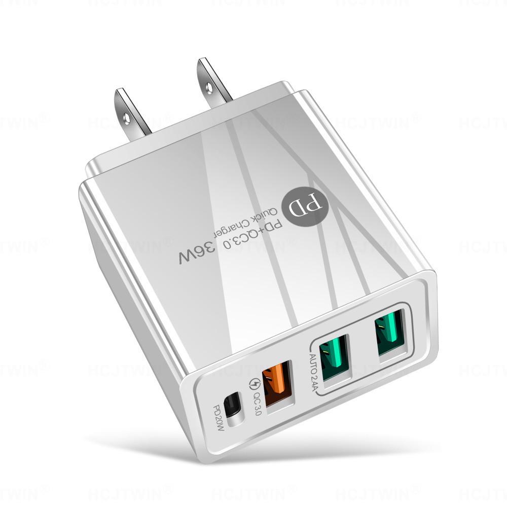 Универсальное зарядное устройство для мобильных телефонов 4А: 3-портовый USB-адаптер с поддержкой PD 20 Вт + 2,4 А
