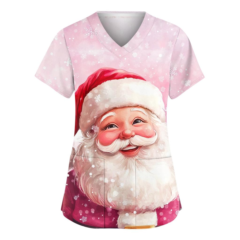Женский модный рабочий топ с V-образным вырезом, рождественским принтом, короткими рукавами, карманом, боковым разрезом, базовый пуловер
