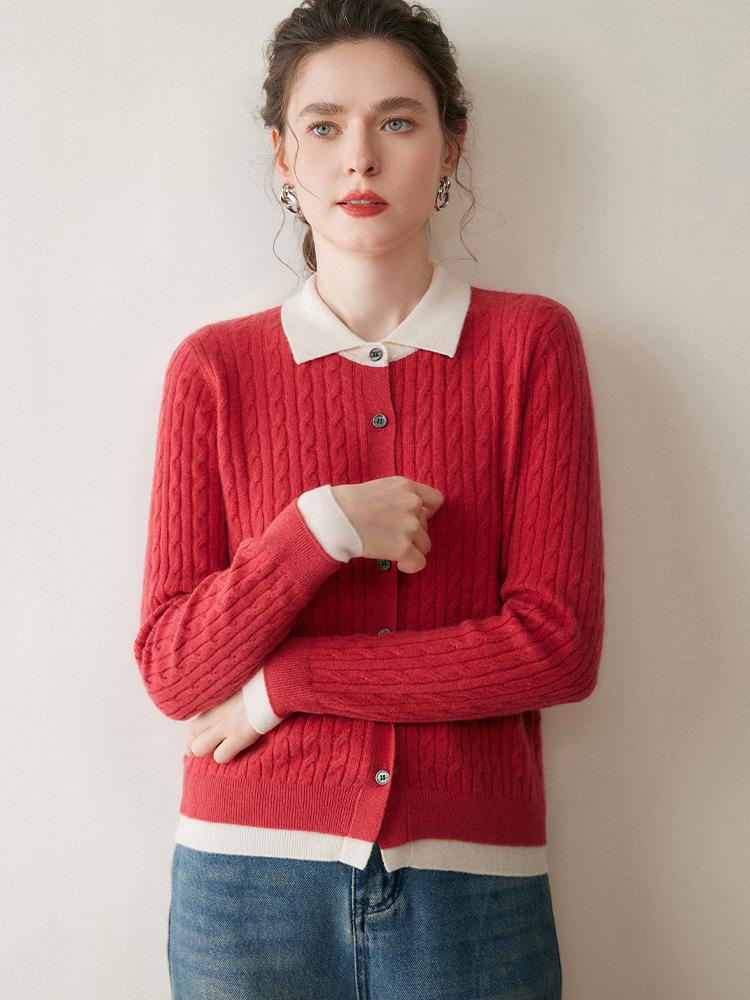 Women's Cashmere Blend Two-Tone Cable Knit Cardigan, Faux Two-Piece, Fold-Over Sweater, Loose Wool Coat