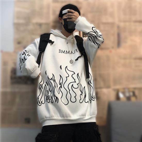 Мужское осеннее худи с принтом пламени, капюшоном, длинными рукавами, мягкое, теплое, свободного кроя, в стиле хип-хоп, зимнее худи для школы