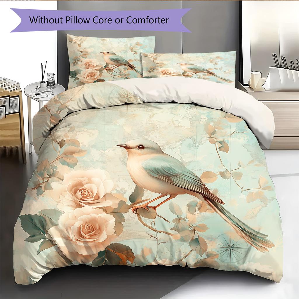 Map Flower Bird Pattern Bedding Quilt Set Home Decoration Gift (1 * duvet cover + 2 * pillowcase without core)