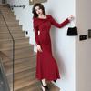 French Style Autumn Winter Women Sweater Dress Slash Neck Bow Black Red Apricot Knitting Dress Knitted Midi Elegant Dress