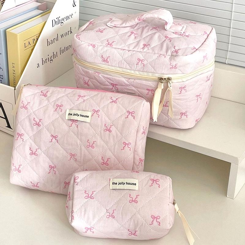 Pink Bow Cosmetic Bag Women Quilting Cosmetic Pouch Large Capacity Makeup Bag Portable Zipper Toiletry Organizer Handbag