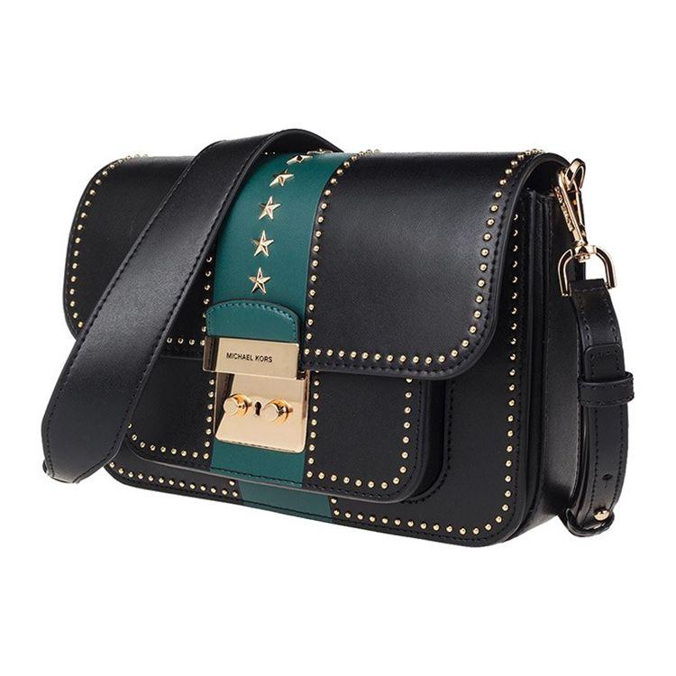 Michael Kors MK Sloan Сумка-мессенджер из кожи с клапаном, золотой пряжкой и звездными заклепками Женские сумки 30F8GS9L3Y-BLACK-MULTI