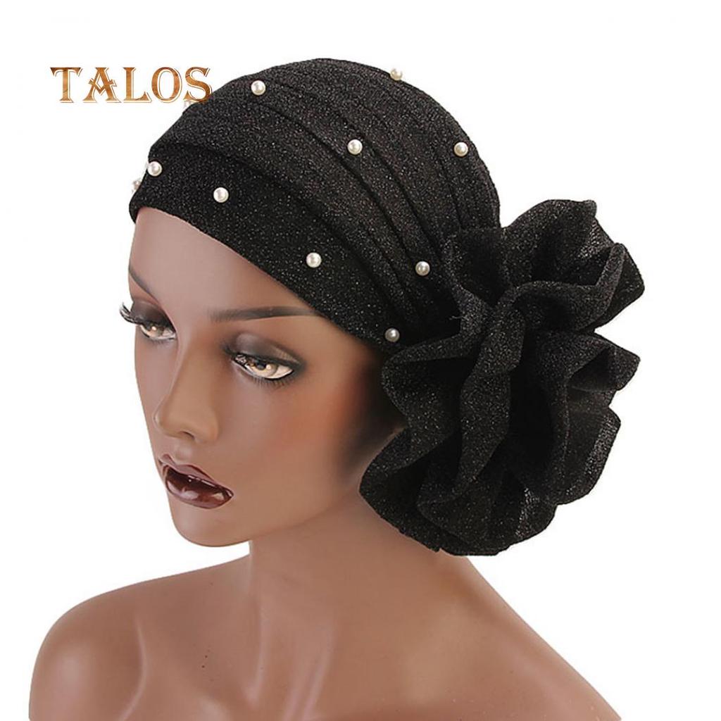 TALOS Fashion Faux Pearl Decor Big Flower Women Hijab Turban Hat Head Wrap
