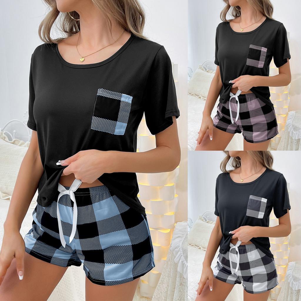 Women's Sleepwear French Two-piece Home Suit With A Short Sleeved Shirt And Checkered Pockets, Checkered Shorts Set