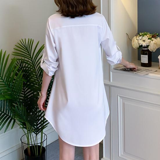 Женская рубашка с лацканами, длинный рукав, рубашка средней длины, однотонная, с пуговицами, планка, повседневная, стандартный крой, топы для повседневной носки