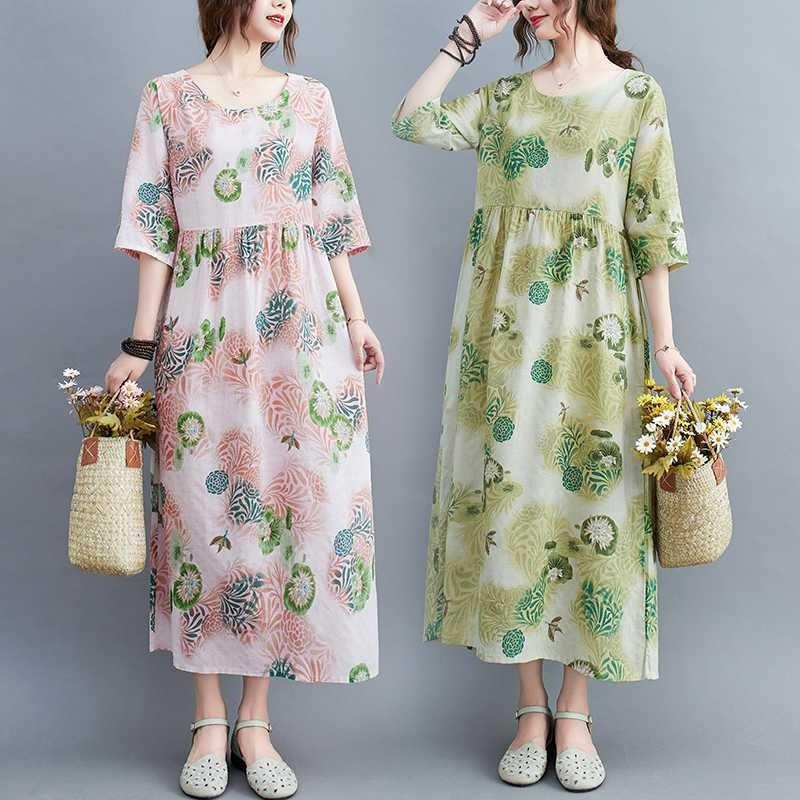 Летние новые большие размеры свободные тонкие круглые вырезы рукава пять минут женские платья для уменьшения возраста