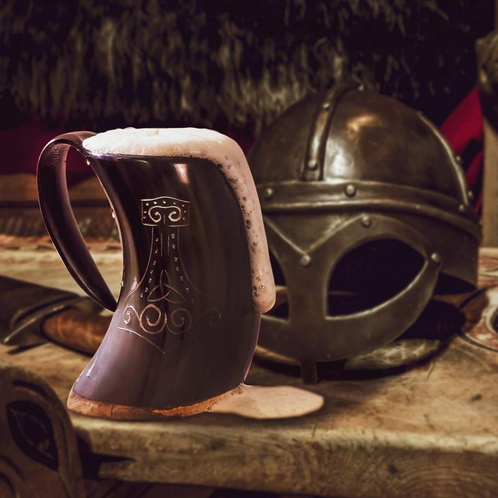 Viking Drinking Horn Mug | Authentic Medieval Beer Horn Tankard |  Capacity Horn Cup/Stein. (Mjolnir, Polished)