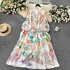 Elegant Linen Floral Holiday Robe Dress Women Spring Summer Stand Long Lantern Sleeve Sashes Vestidos Floral Print Clothes