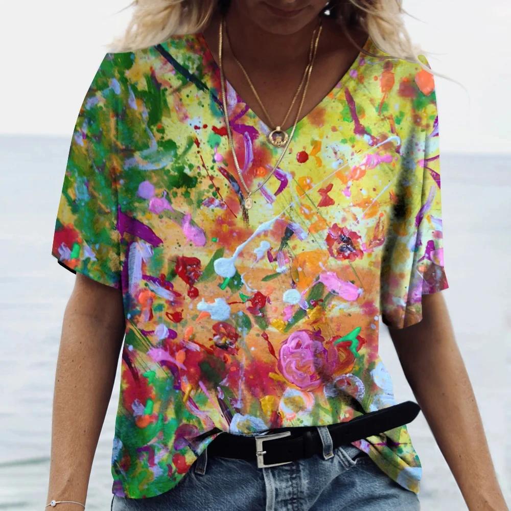 Colorful Floral T-shirt For Women Fashionable V-Neck Tops Tees Female Casual Stylish Short Sleeve Clothing Ladies Vintage Outfit