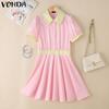Summer Women Lapel Neck Short Sleeve Stitching Casual Pleated Dress