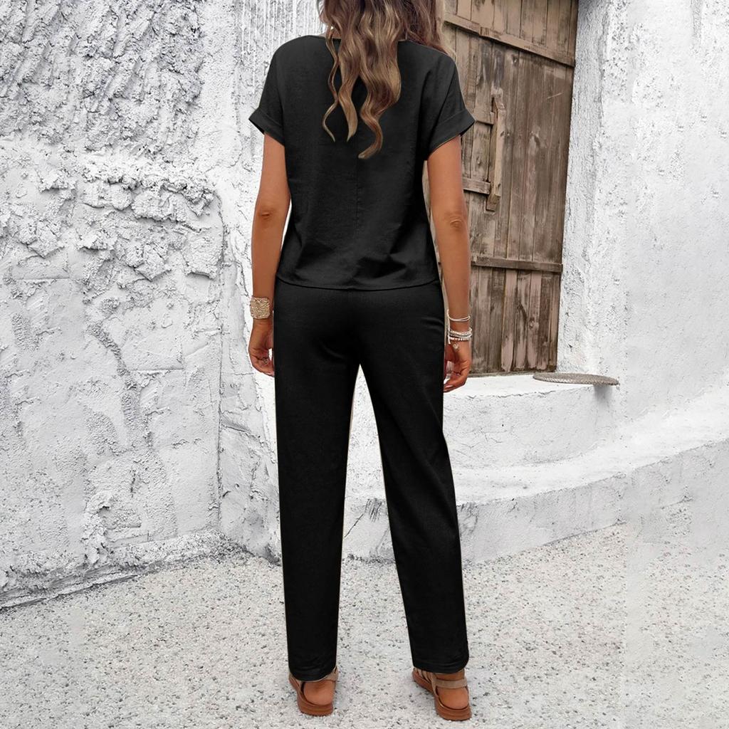 Модный и сексуальный женский весенне-летний льняной костюм в стиле ретро с эластичным поясом на талии, модный однотонный повседневный комплект из двух предметов