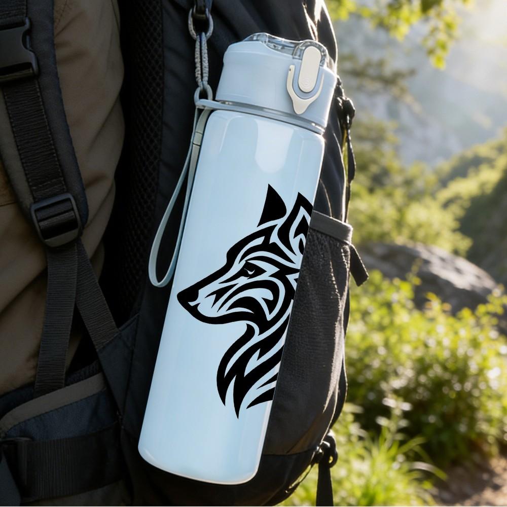1PC Black Wolf Head Silhouette 750ml Color Plastic Sports Water Bottle Leakproof Flip Straw Lid Suitable for Sports Office Home Use