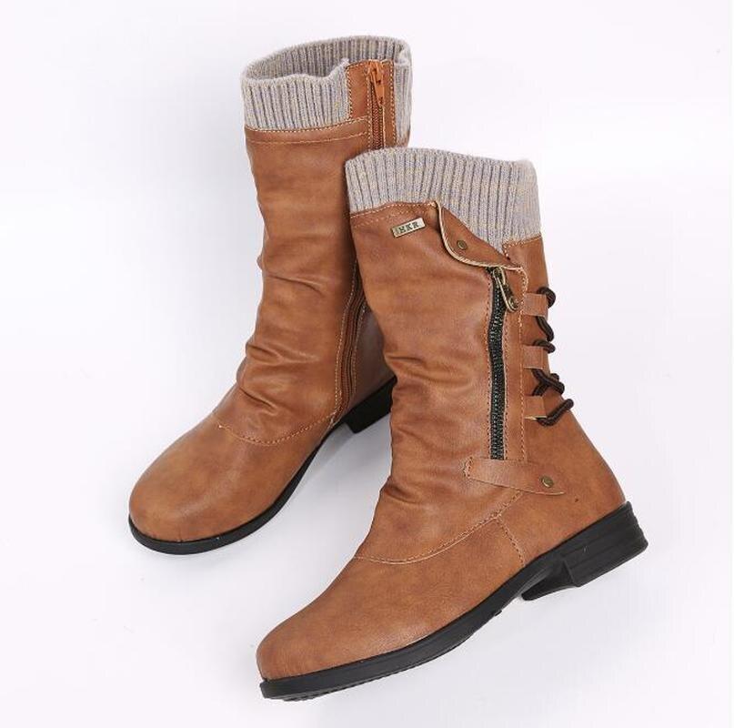 Женские ботинки до середины икры, осенне-зимняя женская повседневная обувь, модная обувь на плоской подошве, на платформе, с круглым носком на молнии, однотонные, большие размеры 35-43
