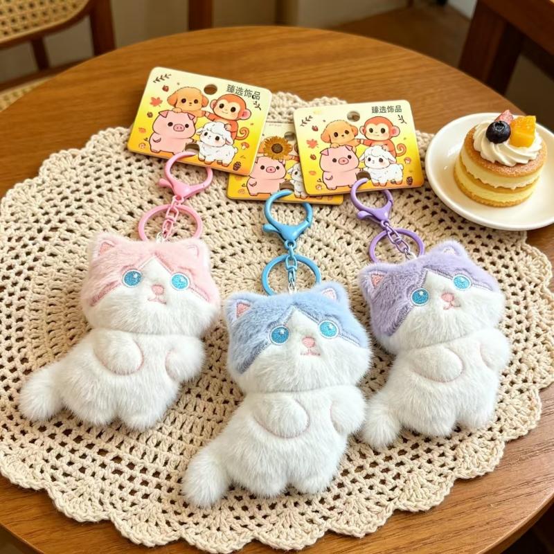 Soft Cartoon Plush Cat Keychain Fluffy Adorable Pendant Mini Backpack Purse Decor Ideal Birthday Gift for Girls