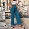 Женские повседневные брюки, эластичные длинные брюки с высокой талией на шнурке, прямые широкие брюки, однотонные тонкие летние брюки, уличная одежда