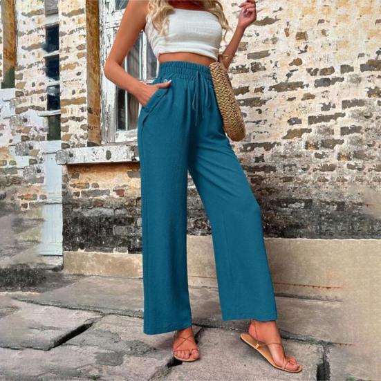 Женские повседневные брюки, эластичные длинные брюки с высокой талией на шнурке, прямые широкие брюки, однотонные тонкие летние брюки, уличная одежда