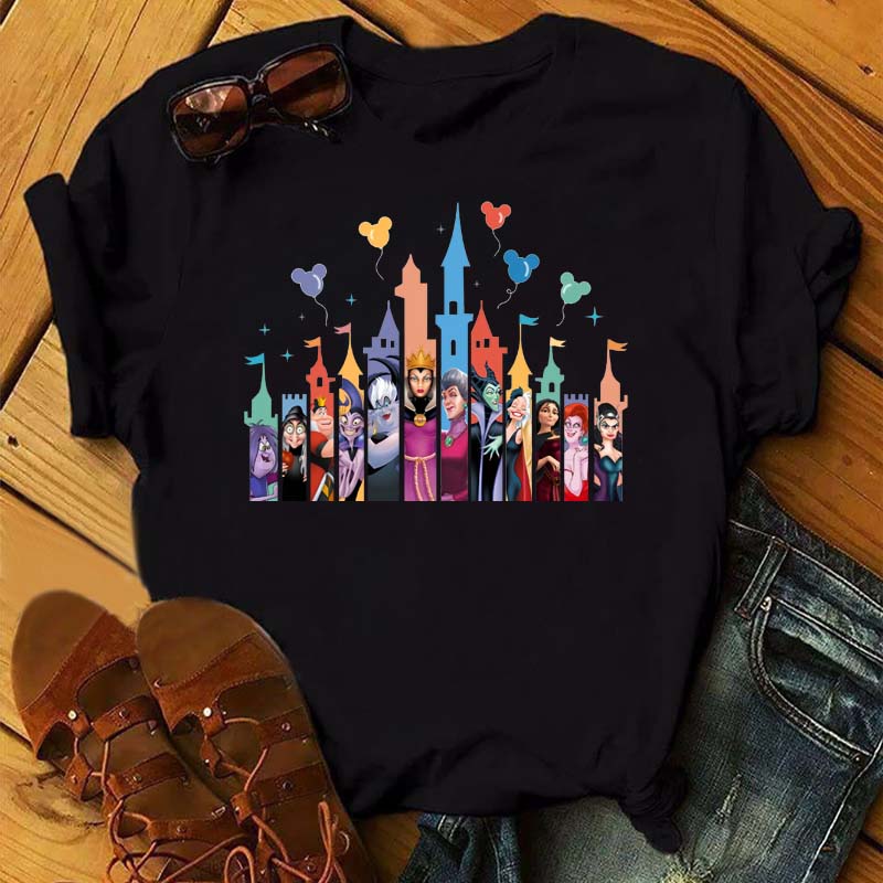 Забавные летние женские футболки с принтом диснеевских злодеев, с круглым вырезом, одежда Y2k, мультяшные графические футболки, женские топы и футболки 90-х