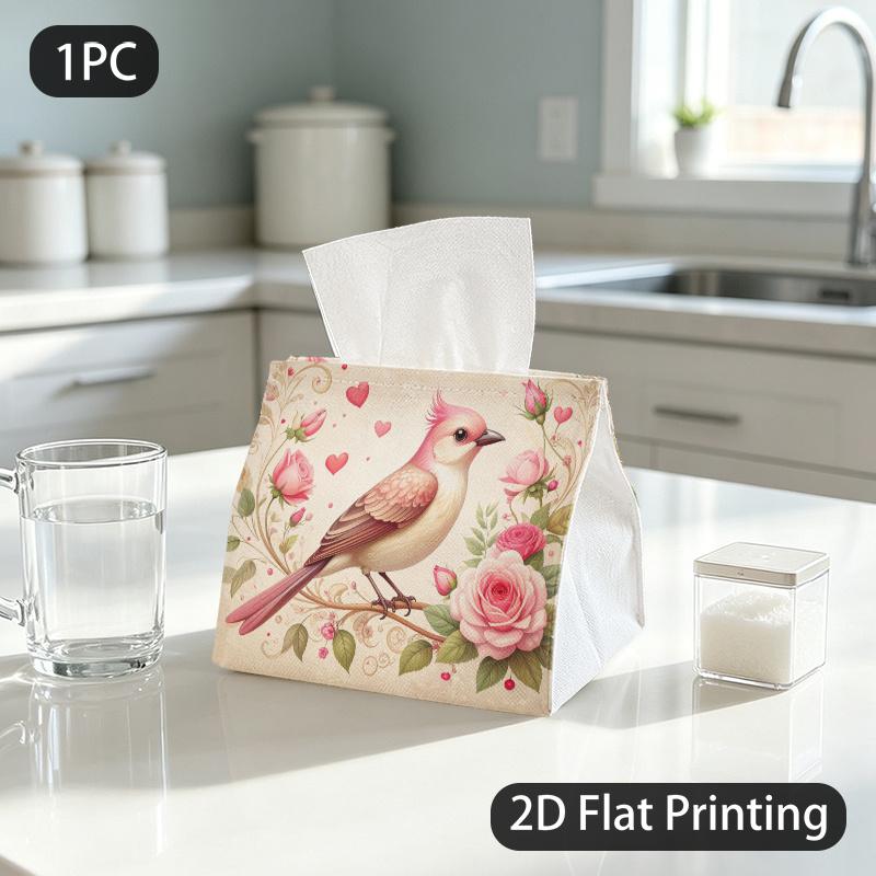1pc Tissue Box, Vintage Romantic Bird Roses Hearts Sweet Pattern, 2D Flat Printing, Made From Tough Polyester, Can Be Washed, Tissue Container, for De