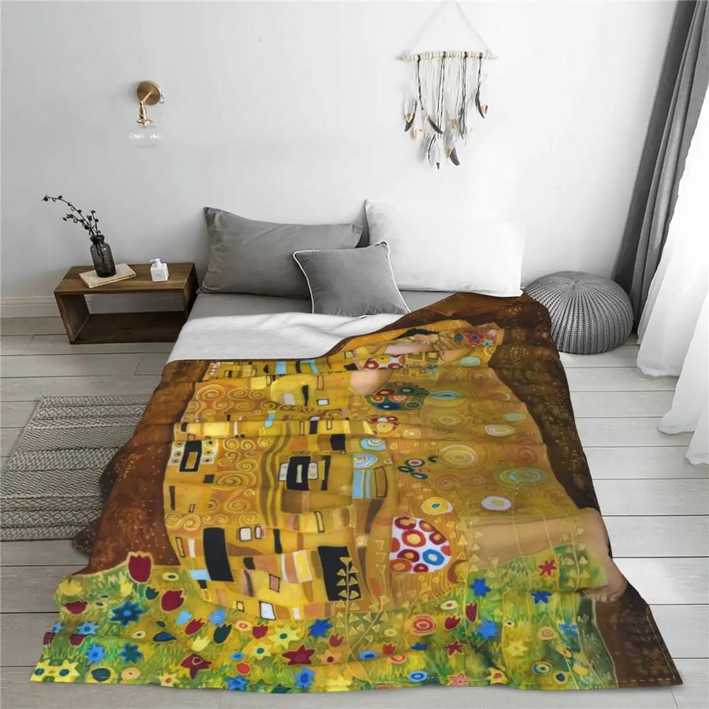 Gustav Klimt The Kiss Вязаное одеяло из фланели Абстрактное искусство Фрейи Супер теплые пледы для кровати, спальни, одеяло